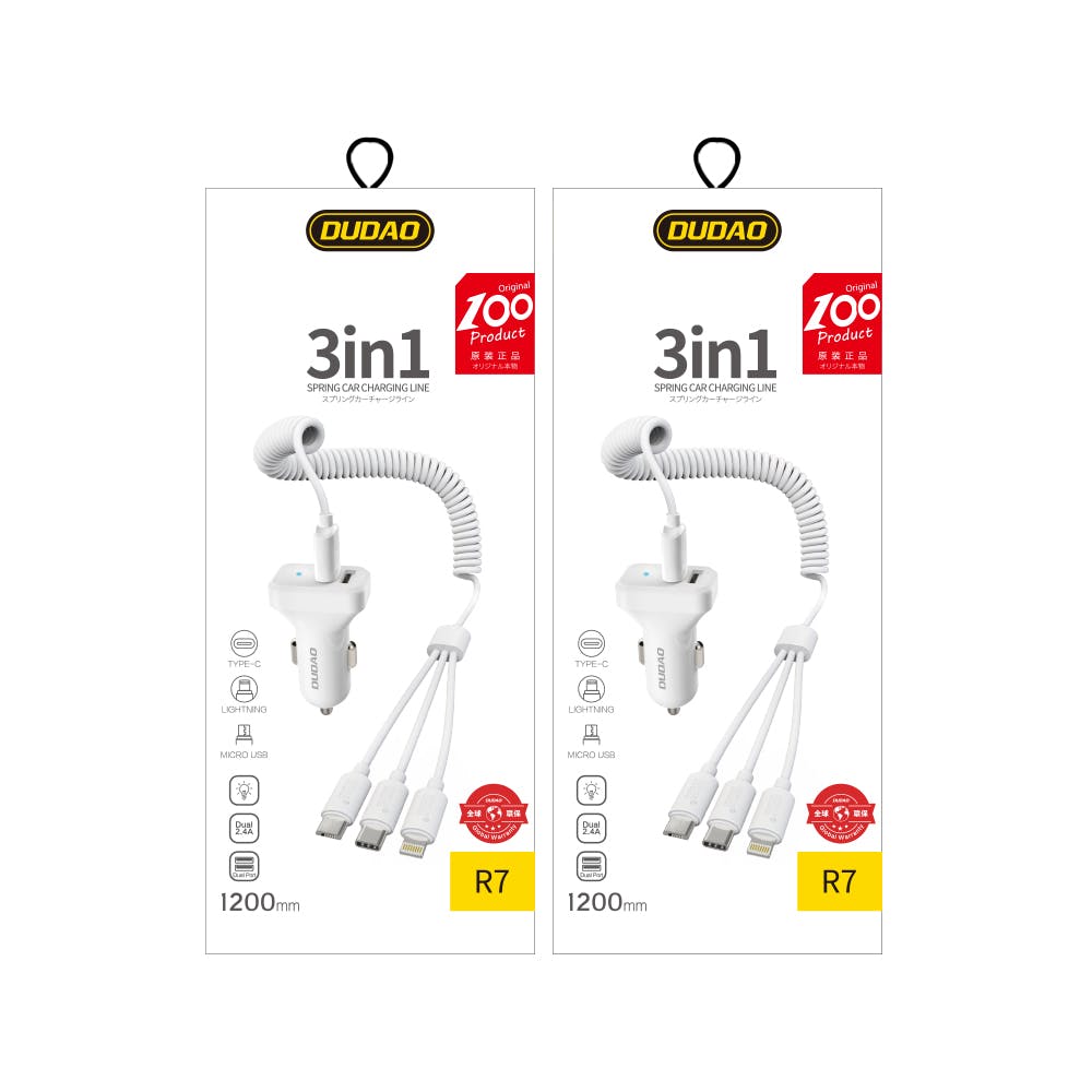 Dudao autolader 2x USB 2,4A + USB-kabel 3in1 Lightning / Type C / micro USB kabel (R7) - Wit