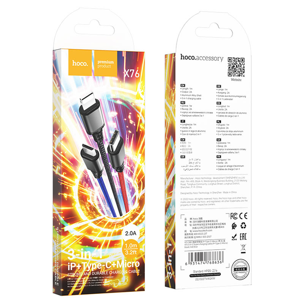 Multifunctioneel - 1m kabel met Lightning, Type-C en micro USB connectoren - Multicolor
