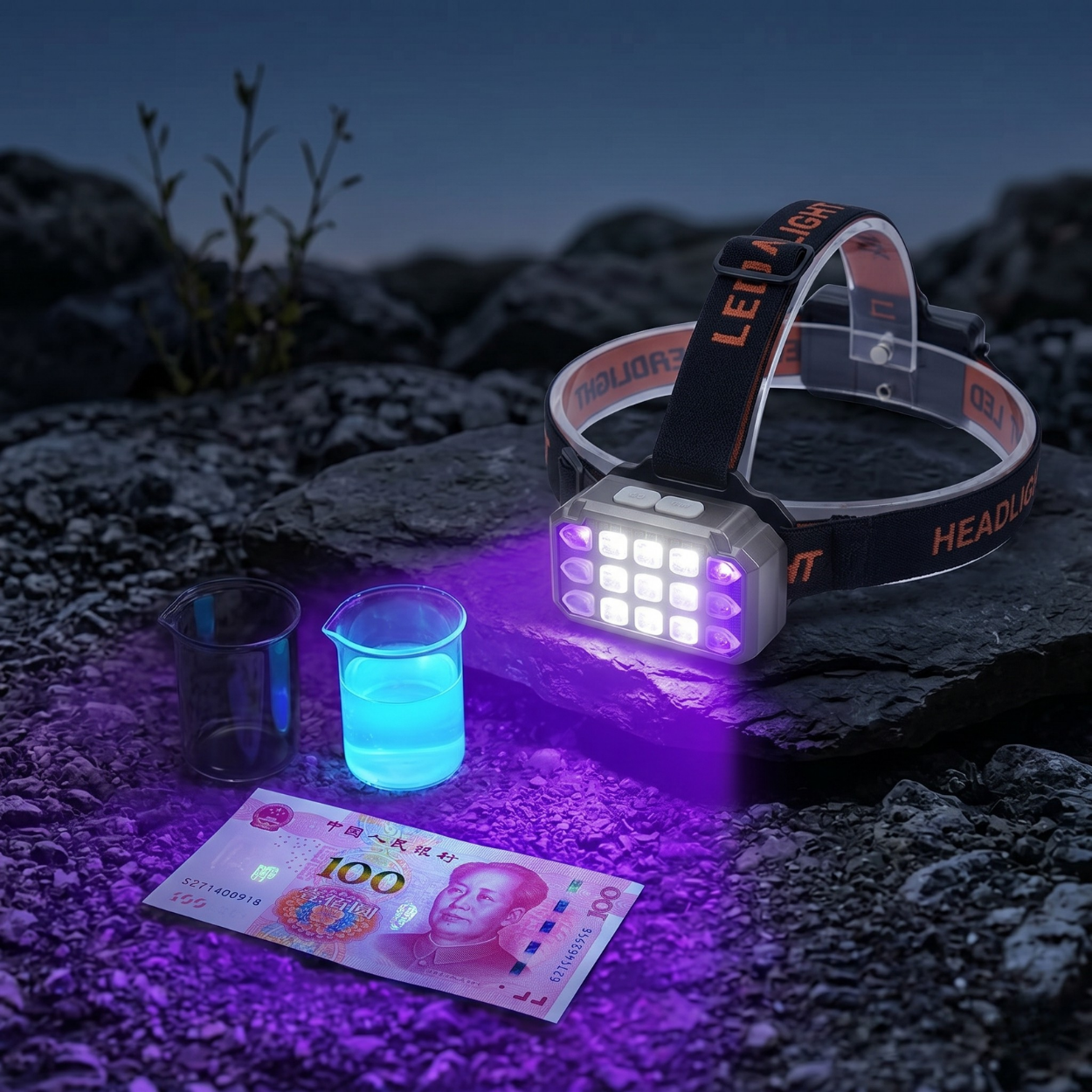 UV LED hoofdlamp met USB-opladen - Zwart