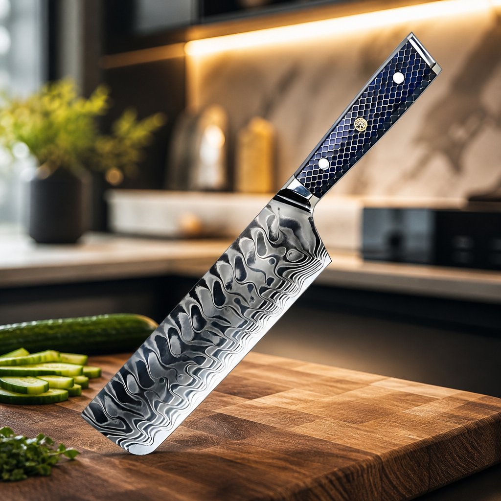 Damast keukenmes YU-37417 - Nakiri / Blauw
